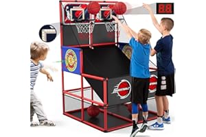 HYES 3 in 1 Dual Shot Basketball Arcade Spiel mit 2 Dart Boards/Elektronische Anzeigetafel/LED Licht, Kinder Basketballkorb für 2 Spieler Indoor Outdoor, Sport Spielzeug für Jungen Mädchen Alter 3-12
