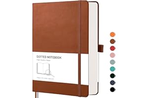 RETTACY Carnet de note A5 à grille à points, bullet journal, 320 pages numérotées, 1 poche arrière et couverture rigide de haute qualité pour artiste, écriture/dessin, 14,5 x 21 cm, marron