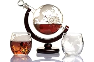 Kemstood Ensemble de carafe à whisky (850 ml) en forme de globe gravé avec 2 verres dans un Whisky coffret cadeau original - Le cadeau parfait pour les amateurs de whisky et de spiritueux