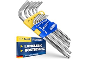 S&R Innensechskantschlüssel Satz HX, 13-tlg mit Kugelkopf, Innensechskant LANG, 1,27 bis 10 mm, Cr-V-Stahl gehärtet, Winkelschlüssel rostfrei, Sechskant Schlüssel-Set in stabilem Klapp-Halter