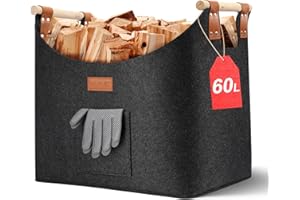 Ezilif Holzkorb für Kaminholz Groß XL, Kaminholzkorb mit Doppelt Verstärkten Leder, 60L Brennholzkorb aus Filz, Filzkorb Kaminholz mit Fronttasche, Faltbarer Korb für Kaminholz 45x32x40cm