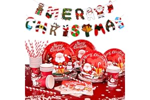 GWHOLE Vaisselle de Noel 122Pcs Vaisselle Jetable Ensemble Noel Assiette Noel Assiette Jetable Noel avec Decoration Noel Bannière, Nappes, Gobelets, Pailles, Serviettes pour la Fête de Noël