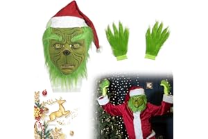 WDJLNZB Máscara de Monstruo de Pelo Verde con Gorro de Papá Noel y Guantes, Máscara Grinch de Terror de Navidad para Cosplay, Comedia, Halloween, Fiesta de Disfraces