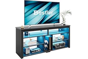 Bestier 140CM LED TV Cabinet 55-65 Inch LED TV Stand with Storage for PS4/Xbox, Adjustable Shelves Entertainment Centre, Tall Modern Media Console for Living Room (Black Carbon Fiber)
