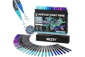 ‎NICETY NICETY 30pcs Acrylstifte für Steine Wasserfest - 30 Multimarker Acrylmarker Glasmalstifte für Stein Stoff Holz Leinwand Glas Keramik - 0,7 mm Acrylic Paint Marker (Blau)
