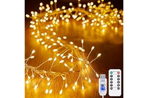 KINGCOO Cluster Fairy Lights with Remote, Waterproof 300LED Silver Wire Firecracker String Lights USB Powered for Outdoor Indoor Bedroom Window Wedding Christmas Party Decoration(29.5FT Warm White)