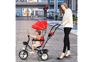 SUPFINE Tricycle évolutif 4 en 1 pour bébé de 9 mois jusqu'à 25 kg, avec tige de poussée réglable en hauteur, siège pivotant avant et arrière, auvent pliable (rouge)