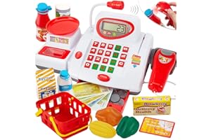 BUYGER Elettronico Registratore di Cassa Supermercato Giocattolo con Bilancia Microfono Scanner Cibo Finto, Gioco d'imitazione Regalo per Bambini 3 Anni