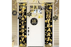 DROOKAEN 18. Geburtstag Deko, Schwarzes Gold Banner Alles Gute zum 18.Geburtstag mit Hängende Spiralen, Geschenke zum 18. Geburtstag für Jungen und Mädchen