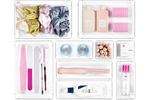 Vtopmart 9 PCS 4 Size Clear Drawer Organiser Set | Plastic Desk Storage Boxes with Non-Slip Pad, Acrylic Vanity Organizer Tray for Makeup Office Kitchen Bedroom Bathroom
