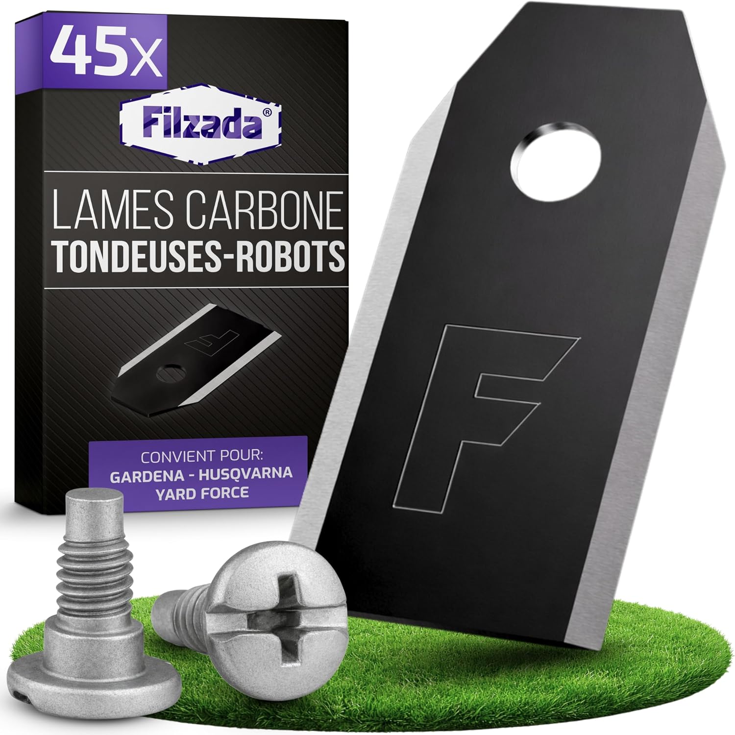Filzada® 45x Lames Robot Tondeuse Carbone adapté pour Husqvarna, Gardena | Lame de Rechange Longue Durée, Vis Incluses - Compatible avec Husqvarna Automower, Gardena Sileno, Yard Force - Lame Tondeuse
