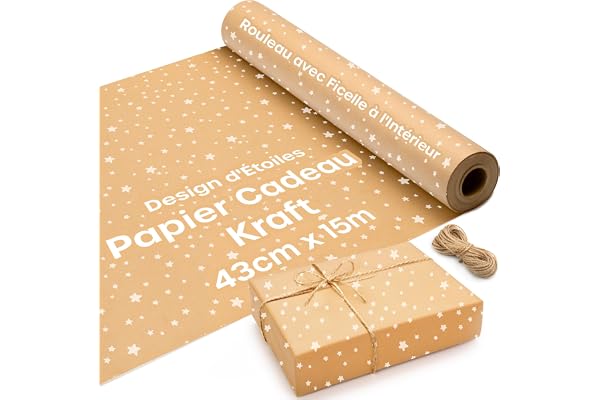Papier Kraft Rouleau avec Design de Étoiles - 15 m x 43 cm Rouleau Papier Cadeau avec 2 Ficelles en Jute - Idéal comme Emballage Cadeau et Papier Cadeau Noël.
