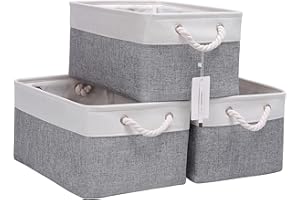CREADARD Fabric Storage Basket Set of 3, Foldable Linen Storage Box for Nursery and Home, Collapsible Canvas Shelf Basket for Wardrobe or Bedroom, Greywhite