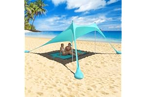 IKKLE Tenda da Spiaggia Grande Tents, 2.4m x 2.4m Tendalino Parasole Portatile, Protezione UV UPF50+ con Ancoraggi a Sacco di Sabbia Pop-up per 3-5 Persone (Turchese)
