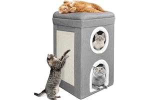 Hibtn Cat House Cave For Indoor Cats,Three Layer Condo With Cushions,Foldable Storage Cat Nest Bed,With Cat Scratching Board,Cube For Indoor