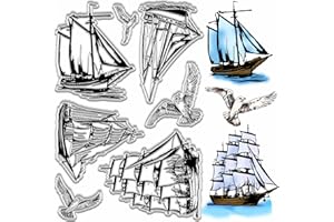 CRASPIRE Timbri Trasparenti Barca Gabbiano Barca A Vela Nave Timbro in Silicone Riutilizzabile Retro Sfondo Marino Timbro Postale Timbro in Gomma Trasparente Sigillo per Diario Artigianato