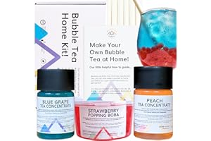 TEMPO TEA BAR Bubble Tea Kit - Blue Grape & Peach with Strawberry Popping Boba, Serves 6, Fruit Tea Concentrate, Low Calorie, Low Sugar
