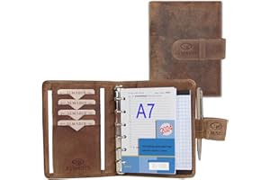 ALMADIH Carpeta de cuero A7 Calendario 2024 + Bloc de notas agenda Personal Organizador Diario documentos Cartera de conferencias Maletin Carpeta de anillas portadocumentos Cuaderno Marrón Vintage