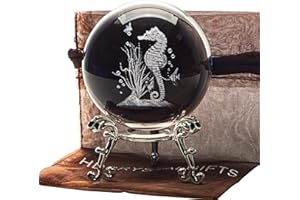 HDCRYSTALGIFTS Boules décoratives en cristal 3D gravées au laser - Hippocampe - Presse-papier en verre - Figurine Feng Shui avec support de floral plaqué argent 60 mm