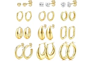 MILACOLATO Zestaw 12 par kolczyków pozłacanych 14-karatowym złotem, hipoalergiczne kolczyki Huggie dla kobiet i dziewcząt z cyrkonią, stal chirurgiczna bez niklu, do wielu dziurek w uszach