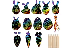 TENUEVO 48 Stück Osterei Kratzbilder, Ostern Kratzbild, Kratzpapier Kaninchen Karottenei Bastelset, Regenbogen Kratzpapier zum Basteln mit Holzstäbchen für Ostern Geburtstag Party Dekoration DIY Handwerk