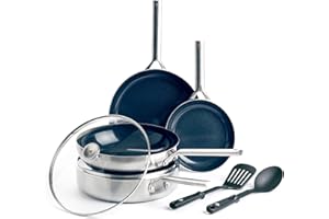 Blue Diamond Cookware Triple Steel Set Di Pentole Antiaderente in Acciaio Inossidabile in Ceramica, 7 Pezzi, Include Padella, Pentole, Senza PFAS, Multistrato, Induzione, Forno, Lavastoviglie, Argento