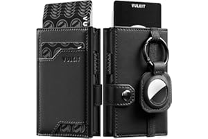 VULKIT Wyskakujący portfel na karty z uchwytem na AirTag, etui na karty kredytowe blokujące RFID, z przegródką na banknoty i okienkiem na dowód osobisty, Nowy czarny, Minimalistyczny