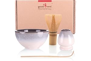 Goodwei Matcha Kit con Frusta Matcha, Ciotola Matcha e Supporto Frusta in ceramica con lo stesso design | Tazza Matcha Chawan, 210 ml | The Matcha Set Regalo (80, Kiri)