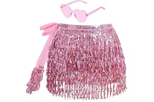 WEROWNSGSO Glitzer Rock Damen Fransen Rock Glitzer mit Hippie Brille Mini Latein Rock Kurz Bauchtanz Kostüm Rave-Kostüm für Frauen Mädchen