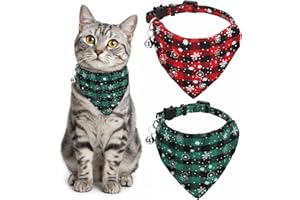 Thinp 2 Pcs Cat Christmas Bandana, Breakaway Cat Christmas Scarf Adjustable & Quick Release Cats Collar with Bell Green Red Plaid Kitten Bandana for Small Cats Kittens and Puppy
