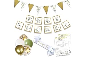 BLUE PLANET FANCY DRESS Baby Shower Unisex 24pcs Decoration Bundle Sage Green Gold - Neutral Gender Reveal Banner Garland, Bunting, Confetti, Latex Balloons And Sash For Mum To Be - Botanical Decor For Girls And Boys