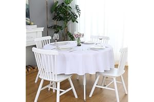 FOLINS&HOME White Round Tablecloth 60 Inch Waterproof Heavy Duty Wrinkle Free Polyester Fabric Table Cloth, Spillproof Washable Table Cover for Parties, Camping, Picnic, Banquet, Indoor and Outdoor