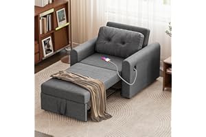 Jooli H Single Sofa Bed, 3-in-1 Convertible Fabric Pull Out Sleeper Sofa Chair with 3-Position Adjustable Backrest, Side Pockets and USB for Living Room, Guest Room, Dark Grey