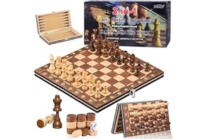 HOVIBU 3 in 1 Scacchiera Magnetica in Legno, Pieghevole Scacchi e Dama Magnetici, Scacchiera Portatile per Bambini e Adulti Feste Attività di Famiglia
