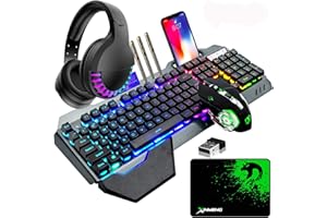 HOOPOND Kabellose Gaming-Tastatur & Maus & Headset Set,4 in 1,16 RGB Hintergrundbeleuchtung wiederaufladbare Tastatur mit Handballenauflage,7 Gaming-Maus mit Hintergrundbeleuchtung & RGB Bluetooth-Kopfhörer