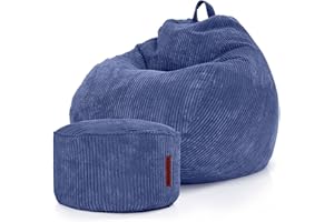 Green Bean© Set da 2 Poltrona a sacco XXL da interno + Pouf con imbottitura in perle EPS - Poggiapiedi Sgabello Cuscino per pavimento Sedia Cuscino per sdraiarsi sedersi - Blu scuro