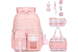 KEBEIXUAN Cartable Fille Primaire Kawaii - Set de 3 Pièces Complet - Sac à Dos Scolaire, Trousse et Sac Repas pour Filles 6-11 Ans (CP au CM2), Rose