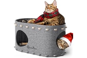 DownyPaws Cuccia Gatto in Feltro, Cuccia Gatto Interno con Doppio Foro che Combina Riposo e Gioco, Cucce per Gatti 58 x 33 x 30 cm Protezione per le Unghie, Facile da Montare e Pulire, Grigio