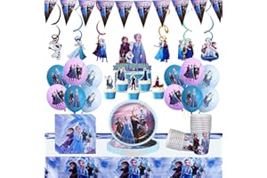 LEMOTOY Frozen Gebutstag Party Set 81Stück Frozen Birthday Party Supplies, Frozen Partygeschirr Deko, Teller, Papierhandtücher, Tischdecken, Pappbecher, Luftballons, Torteneinlagen