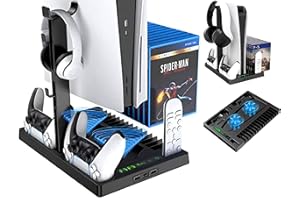 WikiMark Prise en charge PS5 avec 2 ventilateurs de refroidissement, chargeur rapide pour 2 télécommandes PS5, support pour casque PS5, 2 sorties USB et 1 sortie USB-C avant, indicateurs de charge LED