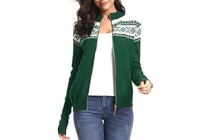 Sykooria Cardigan Donna con Zip Maglione Stampa di Natale Cerniera Giacca in Maglia Golfino a Maniche Lunghe Maglioni Aperta Casual S-XXL