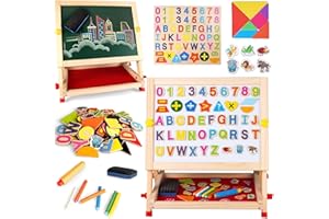 Boderam Kids Wooden Table Easel Double-Sided Tabletop Drawing Board Magnetic Whiteboard Chalkboard with Letters Numbers and Other Accessories for Boys Girls 3 4 5 6 7 8 Year Old