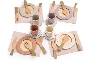 ROBUD Wooden Play Kitchen Dishes Set, 29PCS Kids Toy Plates and Cutlery for Pretend Play Food Toy Kitchen Accessories, Kids Gifts for Girls Boys (4-Set)