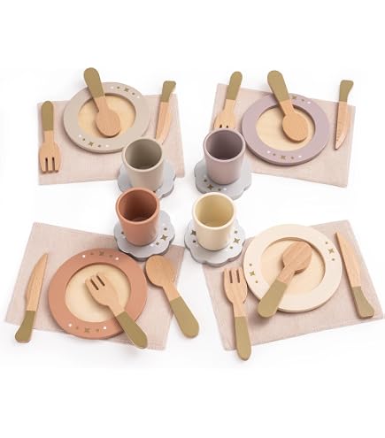 Erzi Geschirrset Aus Holz – 16-teilig, Natur & Farbig, Für Kinderküche & Rollenspiele, Made In Germany