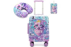 HTgroce 2 sztuki Walizka dziecięca Walizka podróżna dla dzieci z poduszkami podróżnymi, zawieszka na bagaż, walizka dziewczęca z uniwersalnymi kołami, A-koty, 31 x 19.5 x 40.5 cm