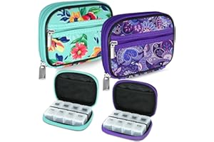 Serfeymi Weekly Travel Pill Organizer Pill Case for Purse with Removable 7 Day Pill Box, Fashionable Travel Medicine Organizer Pill Container for Medicine, Vitamin, Supplement - Purple 01 + Green 01