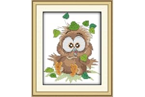 LECZANY Kit da Ricamo 11CT Punto a Croce Timbrato Fai-da-te, Linea Completa di Kit Per Principianti Prestampati - Gufo bambino 24 x 32 cm