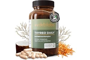 ‎VIKTILABS Thyreo Daily - Nährstoffkomplex für eine gesunde Schilddrüsenfunktion - Mit Jod, Selen & L-Tyrosin für Hormonproduktion - Ergänzt mit Vitalpilzen Cordyceps & Agaricus blazei - 100% vegan - 60 Kapseln
