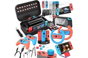 Mooroer Switch Zubehör Bundle für Nintendo Switch,28 in 1 Set kit für Nintendo Switch Koffer mit Switch Tasche,Schutzhülle,Panzerglas Schutzfolie,Griffladestation,Spiele Aufbewahrung etc,R/B