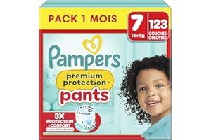 Pampers Premium Protection Pants Taille 7,123Couches-Culottes,17kg,Avec un Maintien360°et des Barrières Anti-fuites Douces qui sont 2fois plus larges qu’avant pour Notre Meilleur Confort et Protection